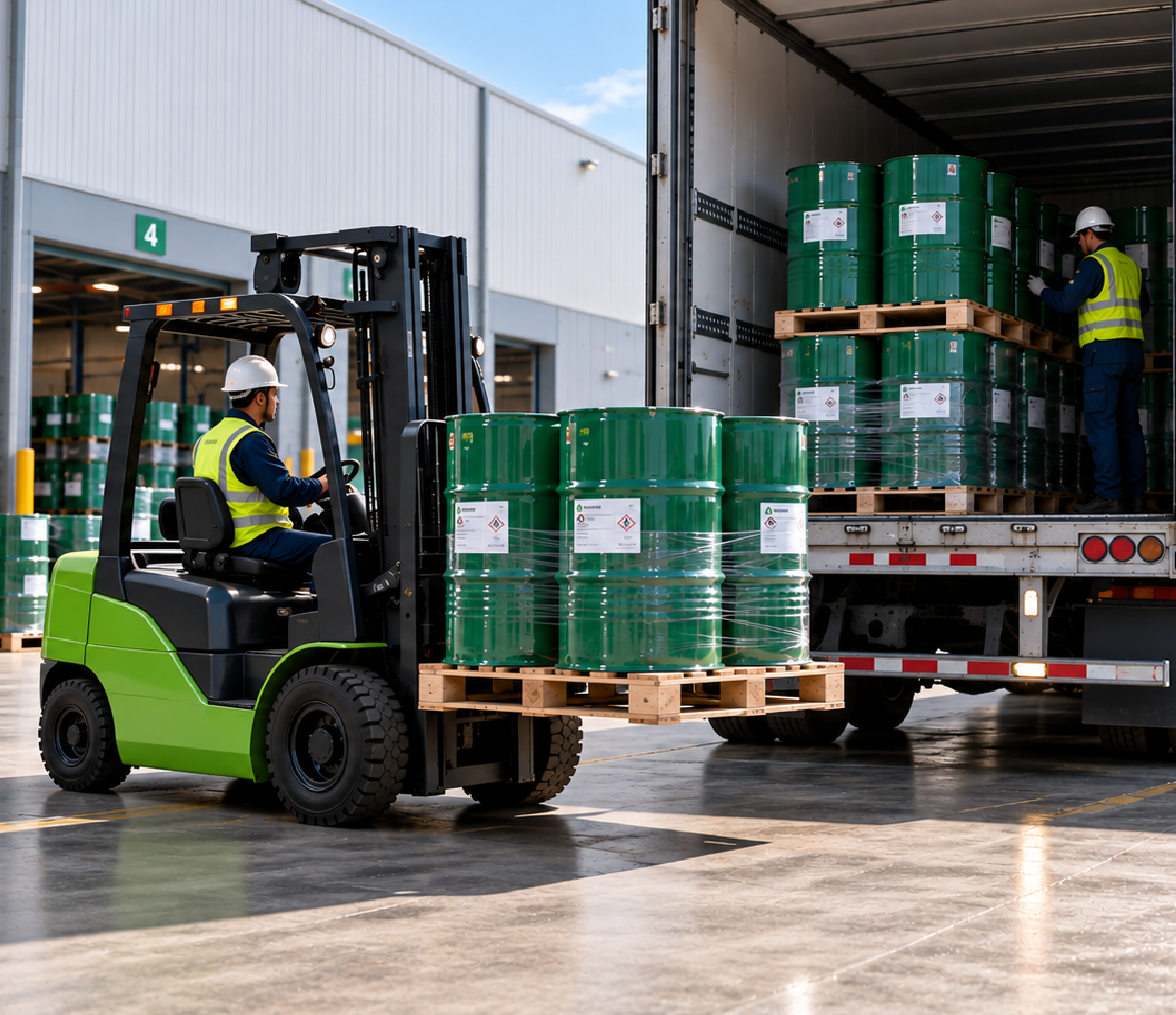 Warehouse operator loading chemical drums onto a truck