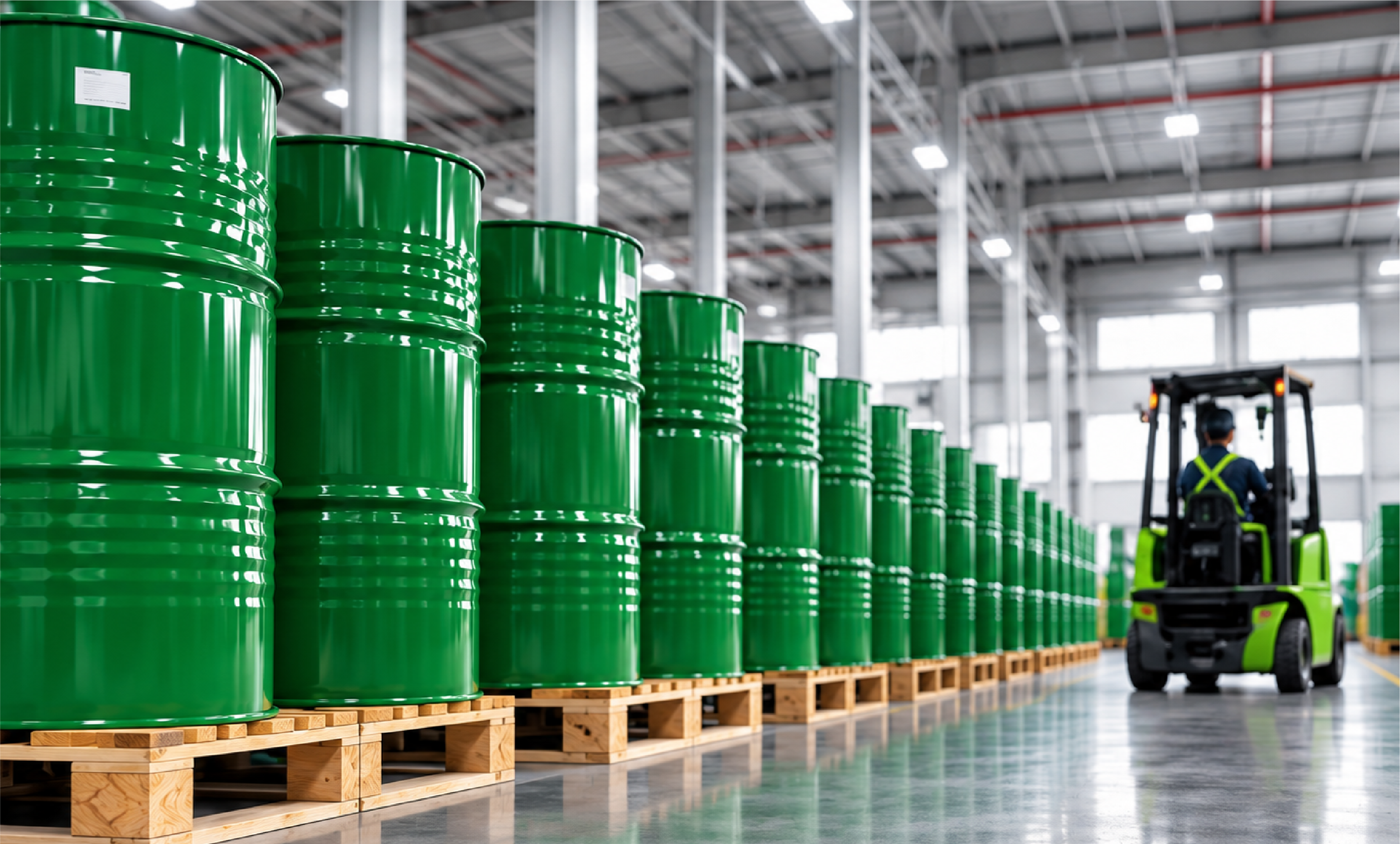Green chemical drums stored in a warehouse