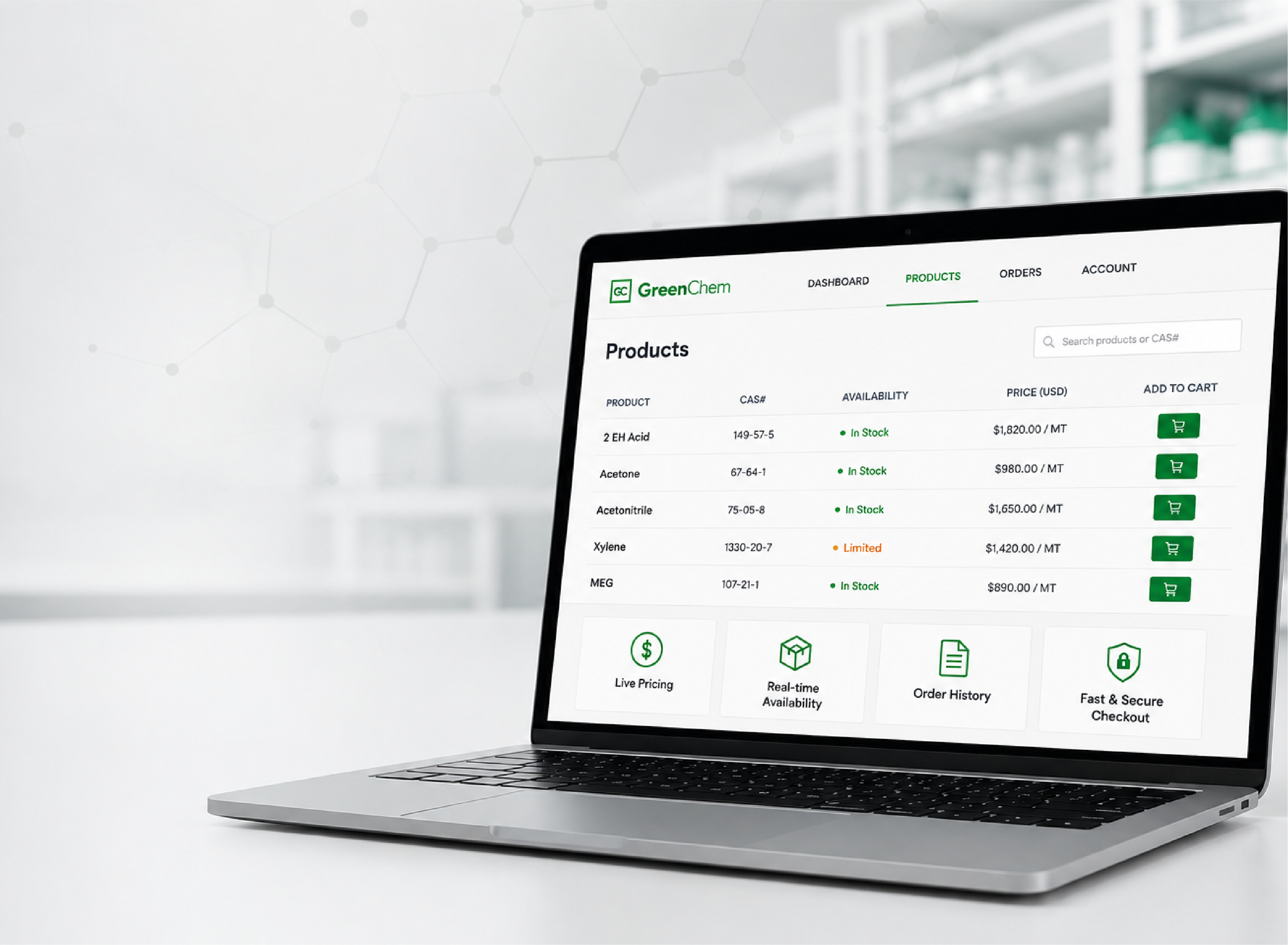 GreenChem customer portal on a laptop