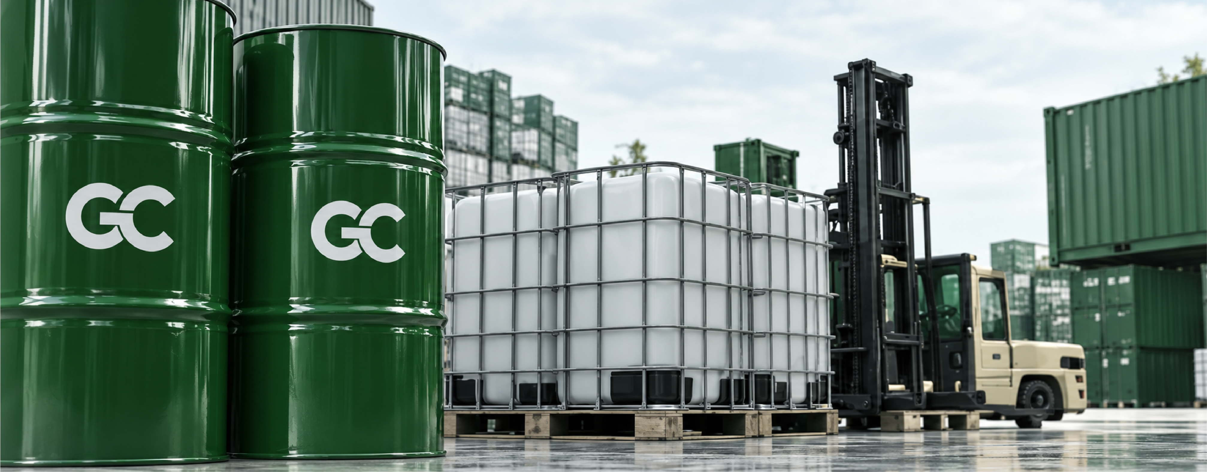 GreenChem bulk chemical drums, totes, and warehouse equipment