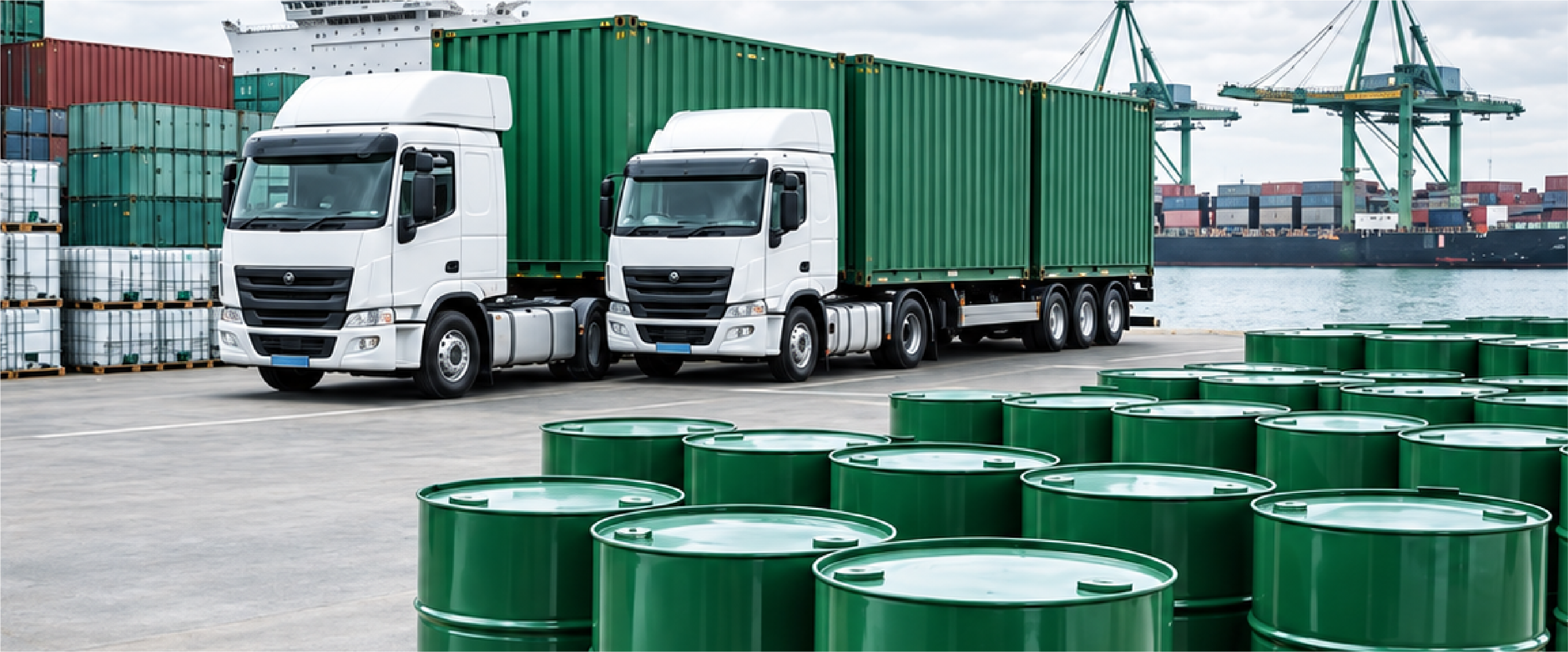 GreenChem 3PL trucks and chemical drums at port