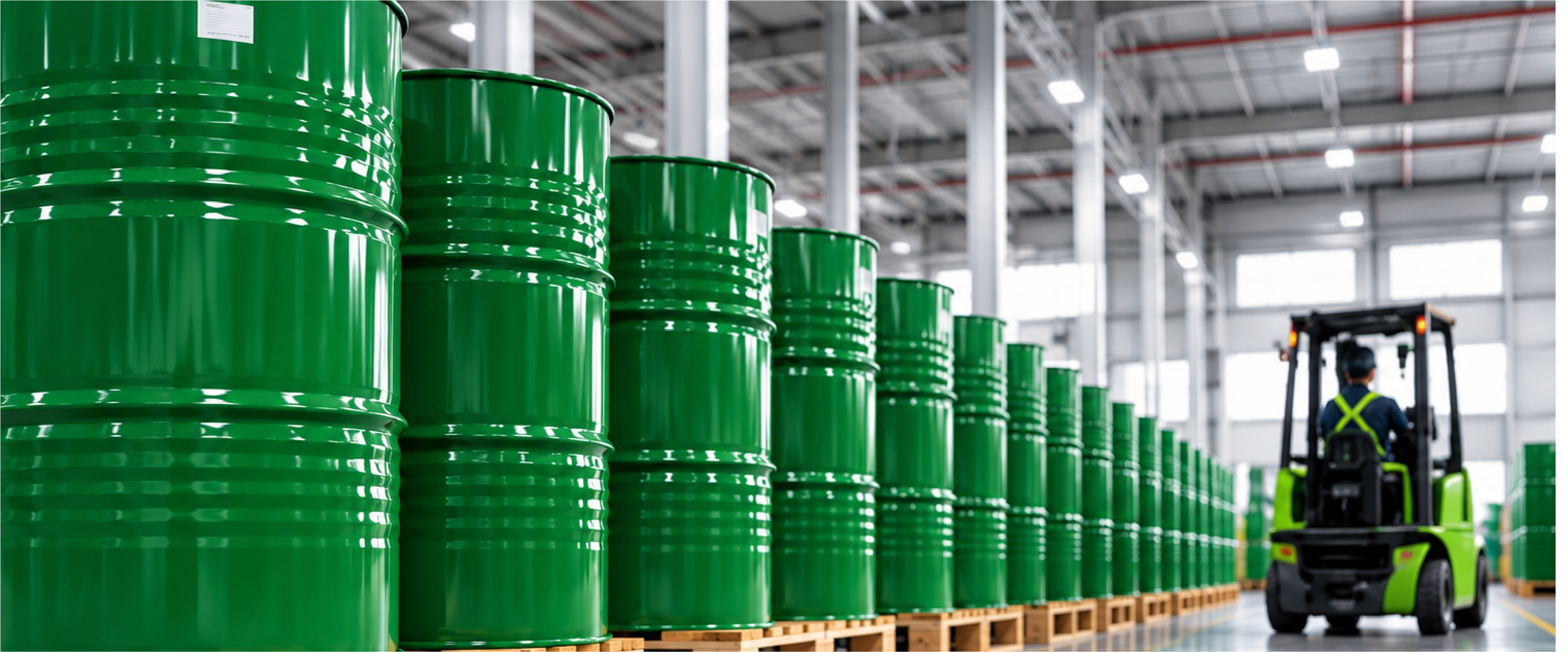 GreenChem warehousing with chemical drums and forklift